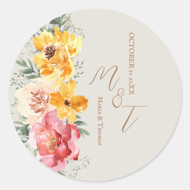 Autumn Fall Floral Wedding Monogram napkins Classic Round Sticker (Front)