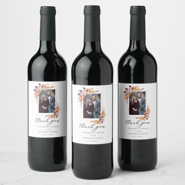 Autumn Fall Floral Wedding Script Photo Elegant Wine Label (Bottles)