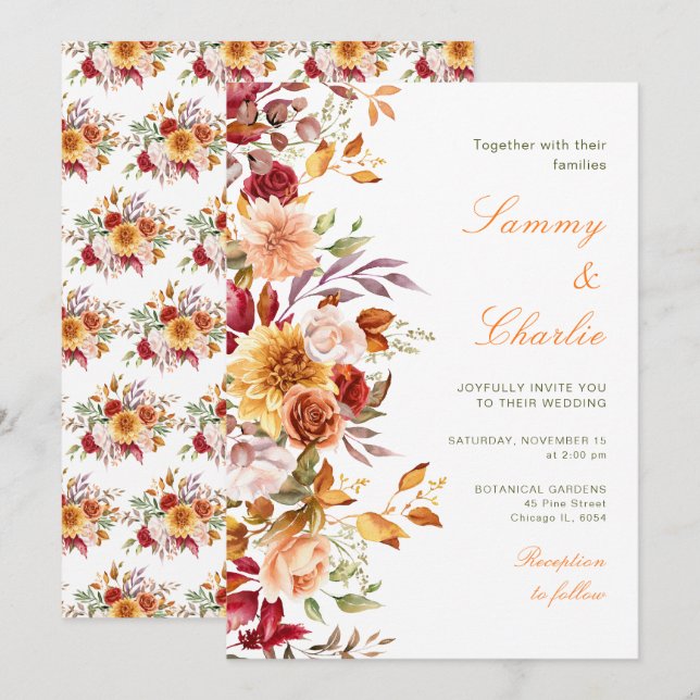 Autumn Fall Flowers and Foliage Wedding Invitation (Front/Back)