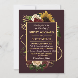 Autumn Fall Flowers Foliage Gold Wedding Invitation