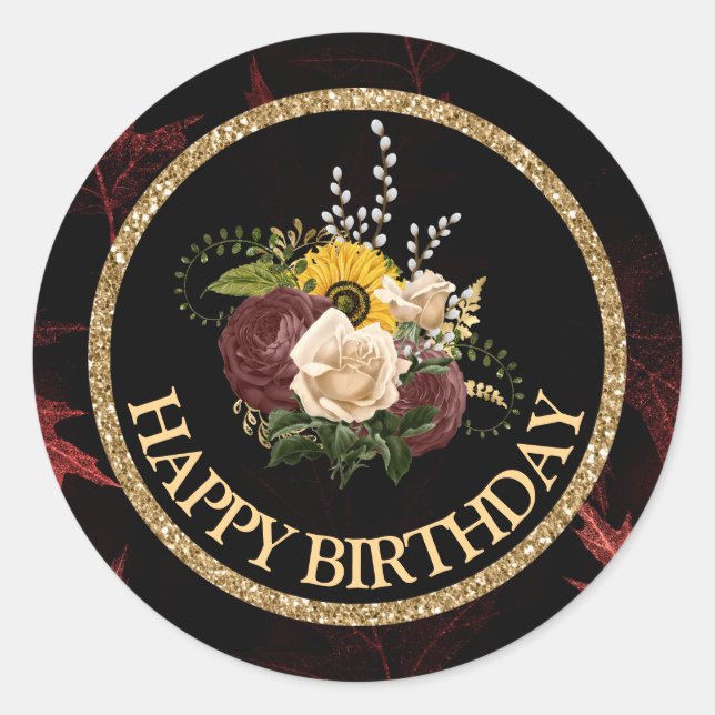 Autumn Fall flowers Happy Birthday Classic Round Sticker (Front)