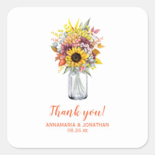 Autumn/Fall Flowers in Mason Jar Wedding Thank You Square Sticker