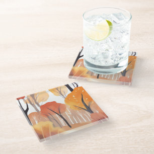 Autumn Fall Foliage Forest Watercolor Leaves Glass Coaster