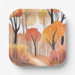 Autumn Fall Foliage Forest Watercolor Leaves Paper Plate