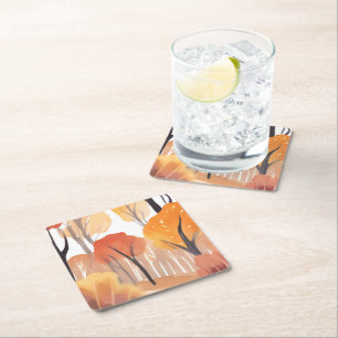 Autumn Fall Foliage Forest Watercolor Leaves Square Paper Coaster