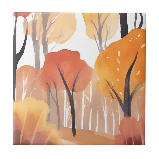 Autumn Fall Foliage Forest Watercolor Leaves Tile (Front)