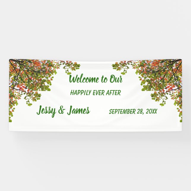 Autumn Fall Foliage Green Leaves Wedding Party Banner (Horizontal)