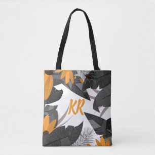 Autumn Fall Foliage Orange Grey Monogrammed Tote Bag
