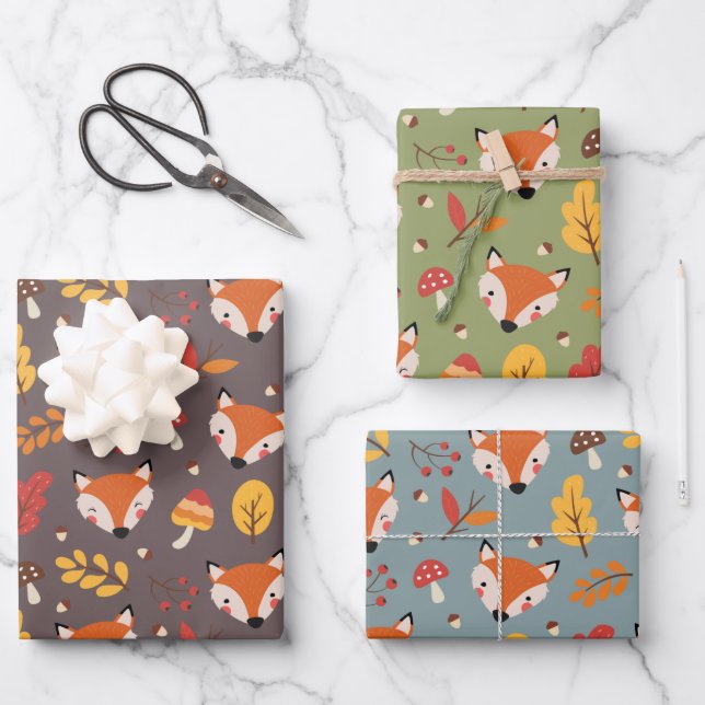 Autumn Fall Foxes Wrapping Paper Set (Front)