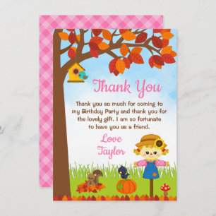 Autumn Fall Girl Scarecrow Birthday Thank You Card