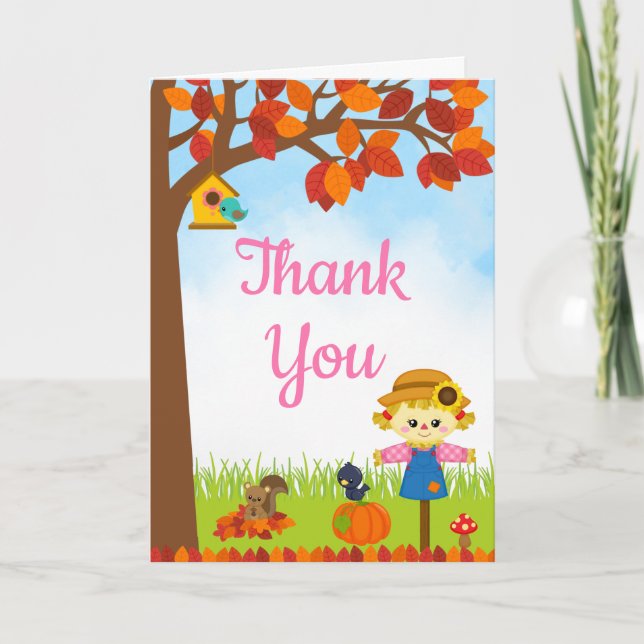 Autumn Fall Girl Scarecrow Birthday Thank You Card (Front)
