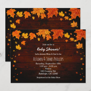 Autumn Fall Glitter Leaves Baby Shower Invitations