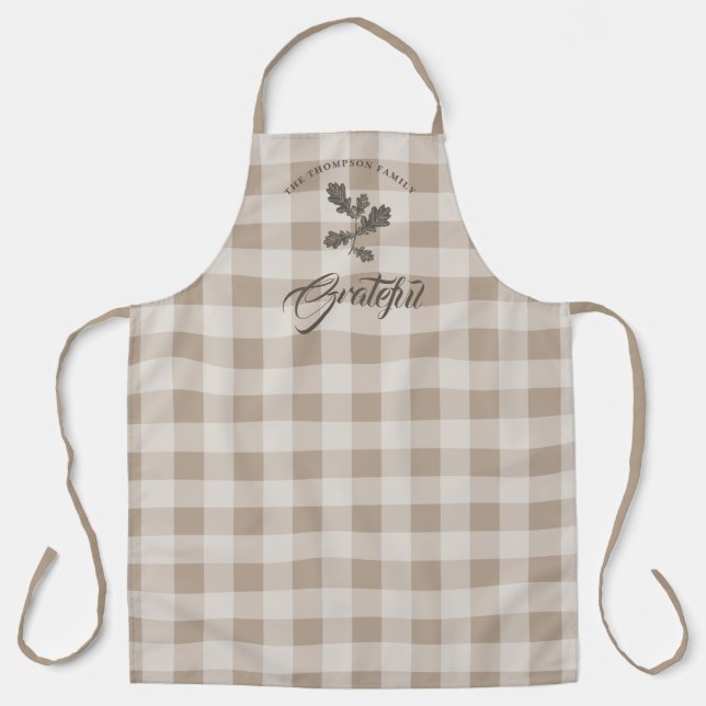 Autumn Fall Gratitude Foliage Taupe Plaid Apron (Front)