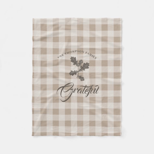 Autumn Fall Gratitude Foliage Taupe Plaid Fleece Blanket (Front)