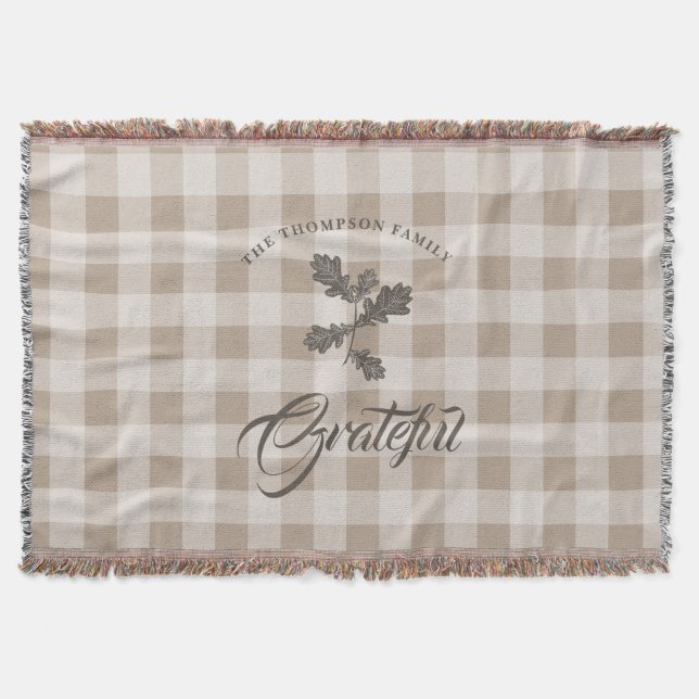Autumn Fall Gratitude Foliage Taupe Plaid Throw Blanket (Front)