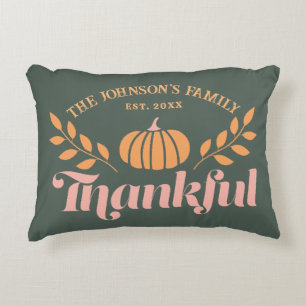 Autumn Fall Green Pink Orange Thankful Family Name Decorative Cushion