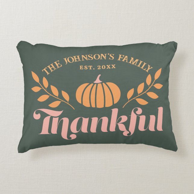 Autumn Fall Green Pink Orange Thankful Family Name Decorative Cushion (Front)