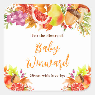 Autumn Fall Harvest Baby Shower Bookplate Square Sticker