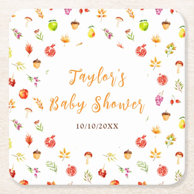 Autumn Fall Harvest Baby Shower Square Paper Coaster (Front)