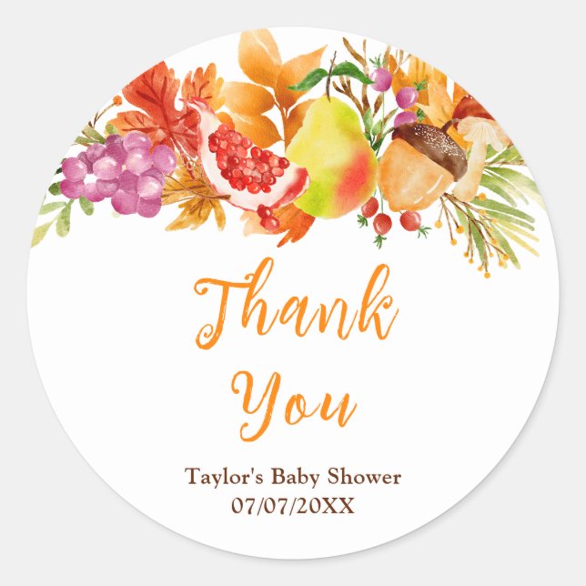 Autumn Fall Harvest Baby Shower Thank You Classic Round Sticker (Front)