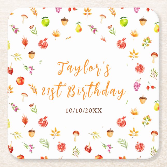 Autumn Fall Harvest Birthday Party Square Paper Coaster (Front)