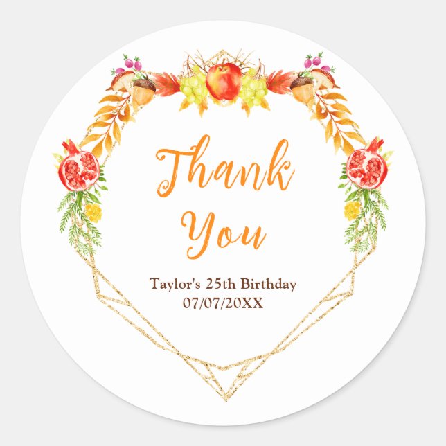 Autumn Fall Harvest Birthday Party Thank You Classic Round Sticker (Front)