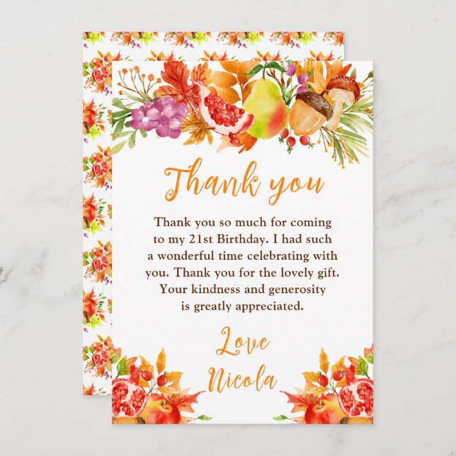 Autumn Fall Harvest Birthday Thank You Card (Front/Back)