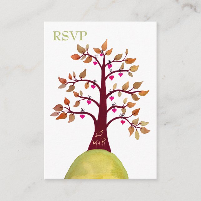 Autumn Fall Heart Tree Carving Wedding RSVP Cards (Front)