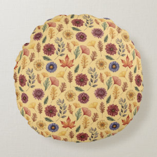 Autumn Fall Leaves and Flowers Pattern Round Cushion