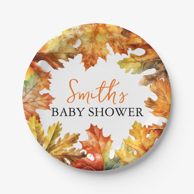 Autumn Fall Leaves Baby Shower Paper Plate (Front)