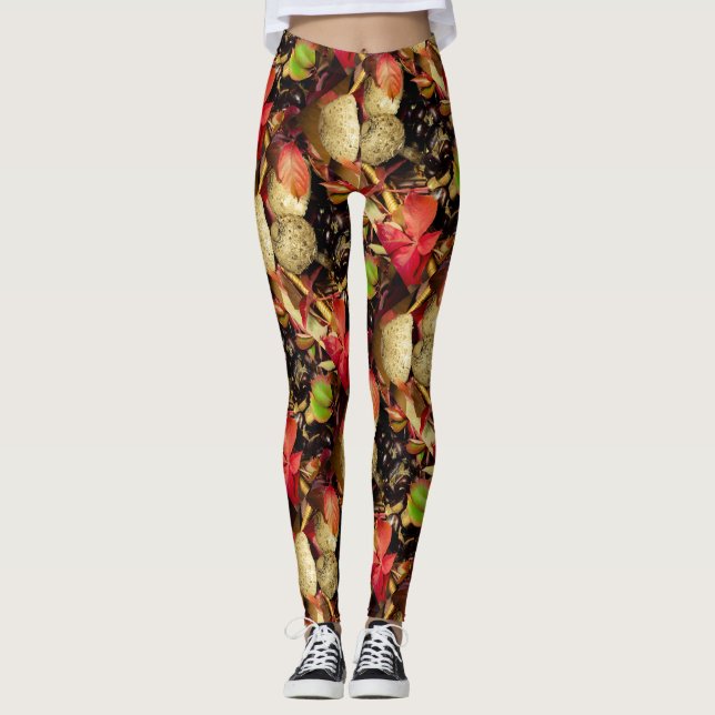Autumn Fall leaves, chestnuts mushrooms photo Leggings (Front)
