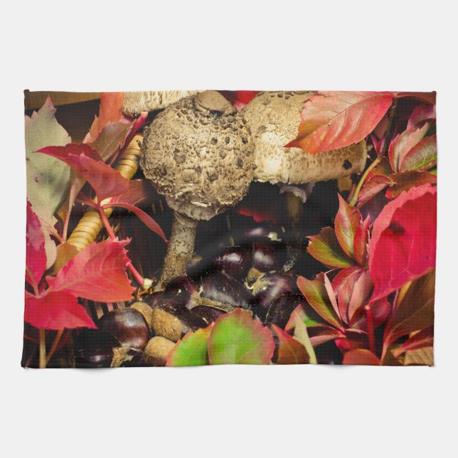 Autumn Fall leaves, chestnuts mushrooms photo Tea Towel (Horizontal)