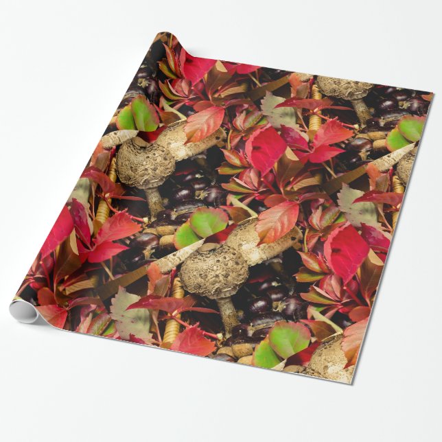 Autumn Fall leaves, chestnuts mushrooms photo Wrapping Paper (Unrolled)