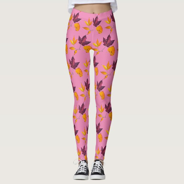 Autumn Fall Leaves Mauve Burgundy and White Leggings (Front)