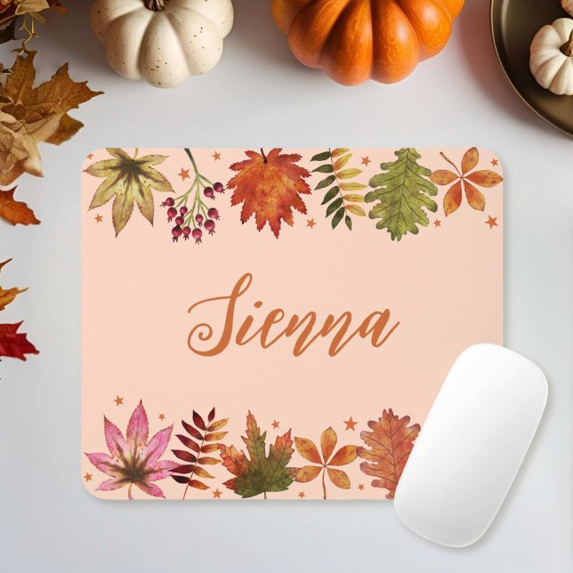 Autumn Fall Leaves Mouse Mat (Watercolor Autumn Fall Leaves Name Mouse Pad)