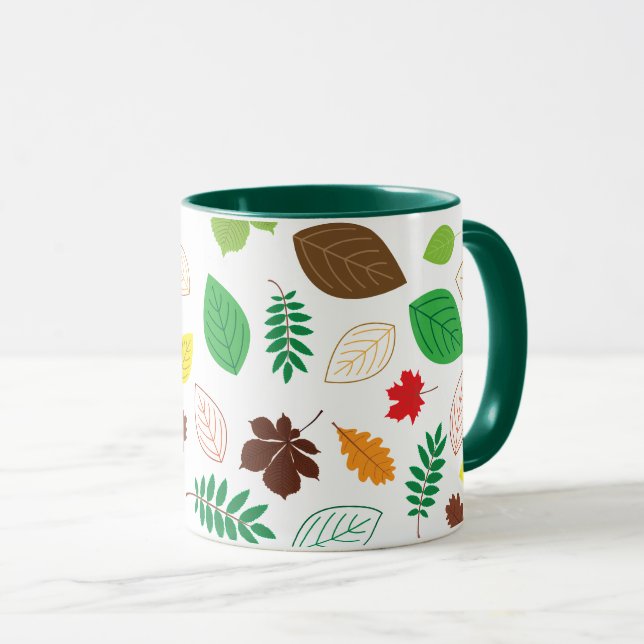 Autumn Fall Leaves Pattern Green Mug (Front Right)