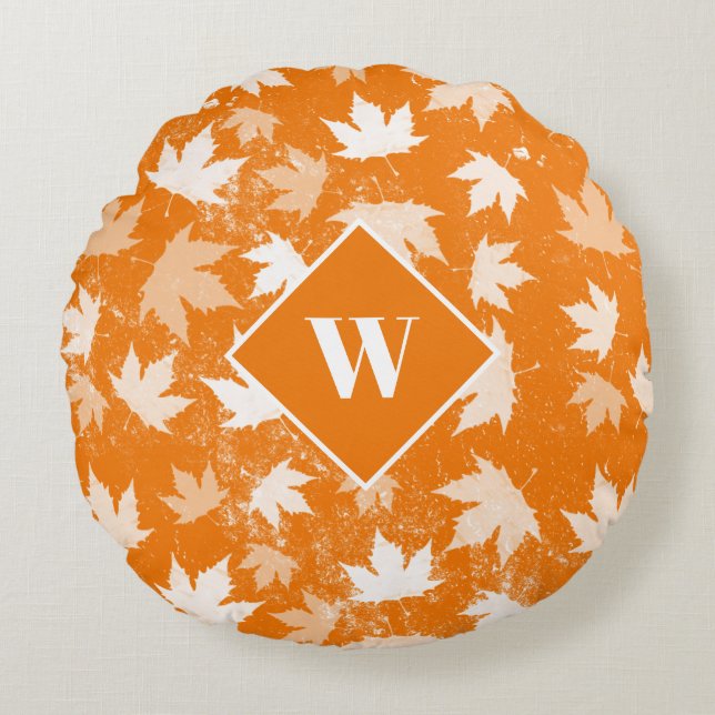 Autumn Fall Leaves Pattern Monogram Round Cushion (Front)