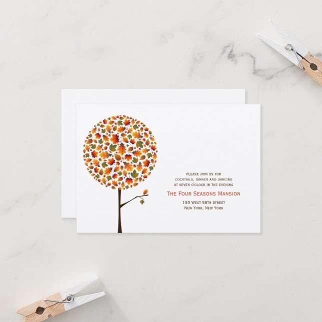 Autumn Fall Leaves Pop Tree Wedding Reception Invitation (Front/Back In Situ)