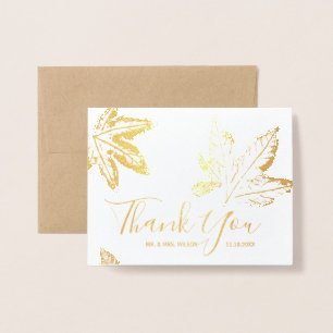 Autumn Fall Leaves   Rustic Wedding Thank You Gold Foil Card