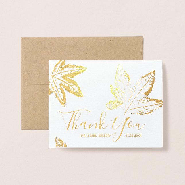 Autumn Fall Leaves | Rustic Wedding Thank You Gold Foil Card (Front With Envelope)