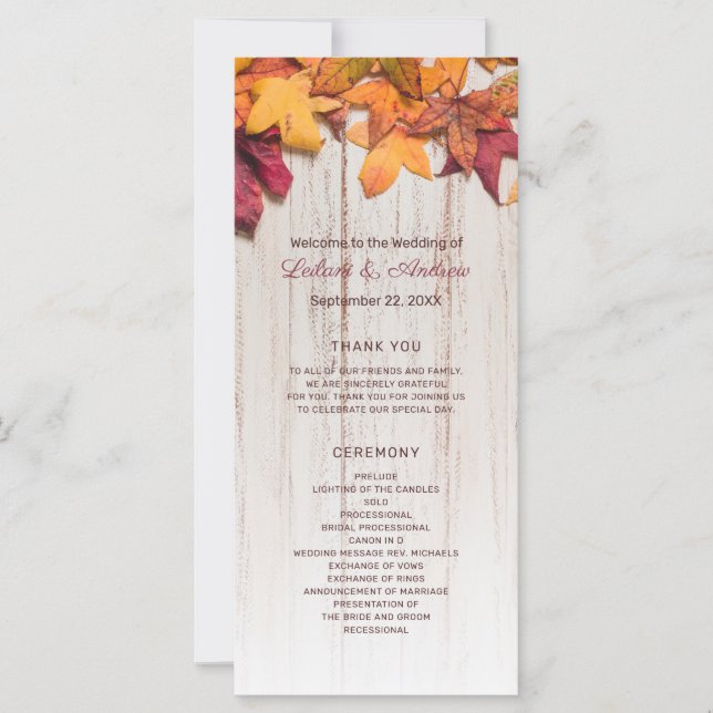 Autumn Fall Leaves Rustic Wood Wedding Program (Front)