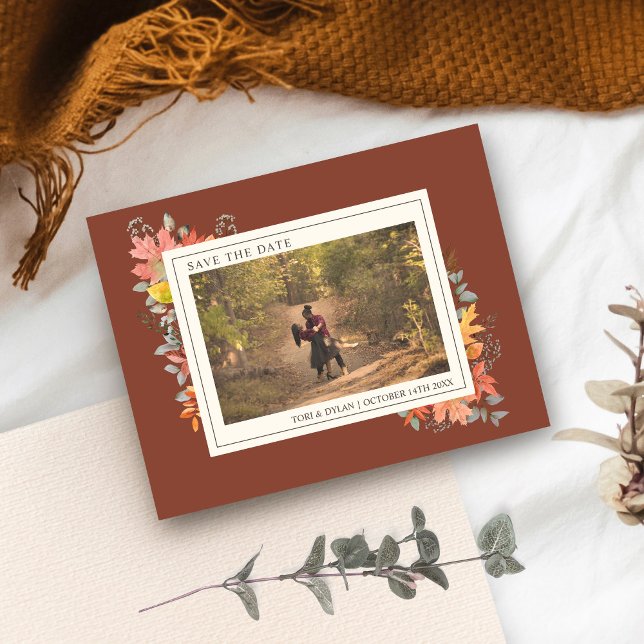 Autumn Fall Leaves Terracotta Wedding Photo Save The Date (Creator Uploaded)