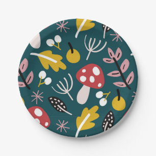 autumn fall leaves with mushroom in green shade   paper plate