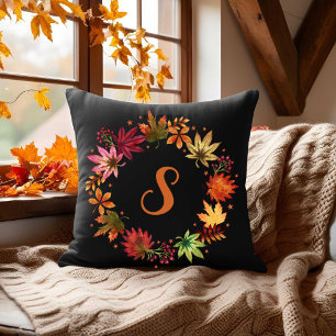 Autumn Fall Leaves Wreath on Black With Monogram Cushion