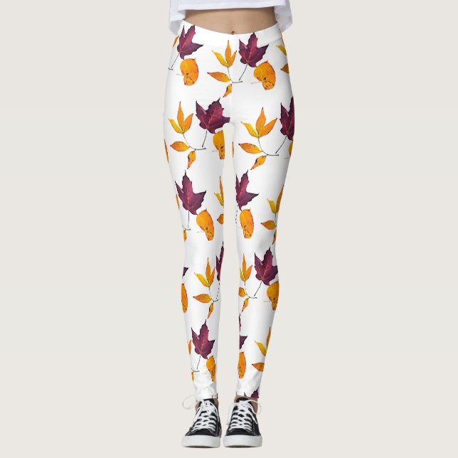 Autumn Fall Leaves Yellow Burgundy and White Leggings (Front)