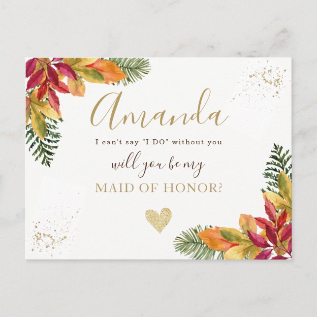 Autumn fall Maid of Honour or BRIDESMAID proposal Invitation Postcard (Front)