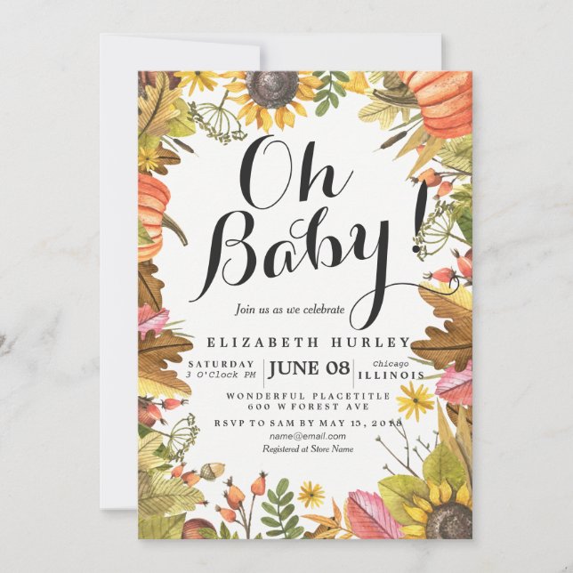 Autumn Fall Maple Leaves Pumpkin Baby Shower Cards (Front)