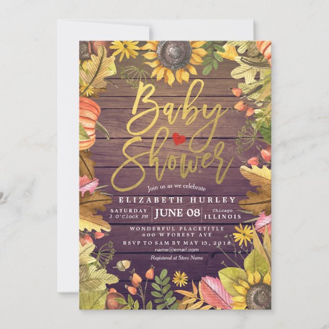 Autumn Fall Maple Leaves Pumpkin Baby Shower Cards (Front)