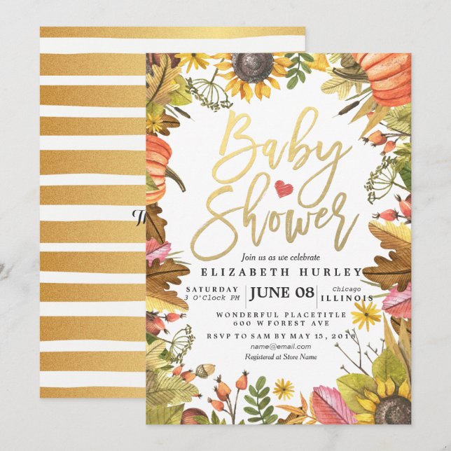 Autumn Fall Maple Leaves Pumpkin Baby Shower Cards (Front/Back)