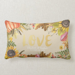 Autumn Fall Maple Leaves Pumpkin Wedding Shower Lumbar Cushion